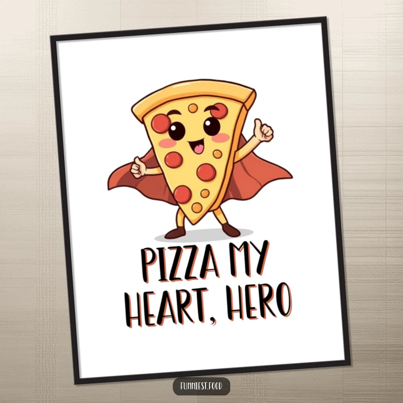 Funny Free Printable Wall Art depicting a proud pizza slice in a superhero cape, striking a heroic pose, ready to save the day.