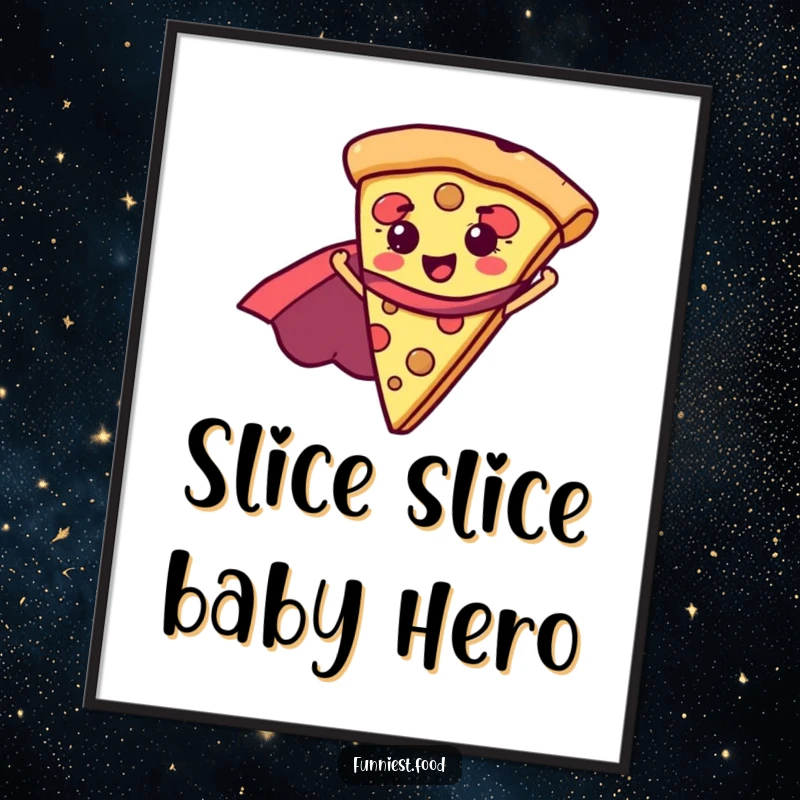 Funny Free Printable wall art of a pizza slice in a superhero cape, ready to save the day with flavor.