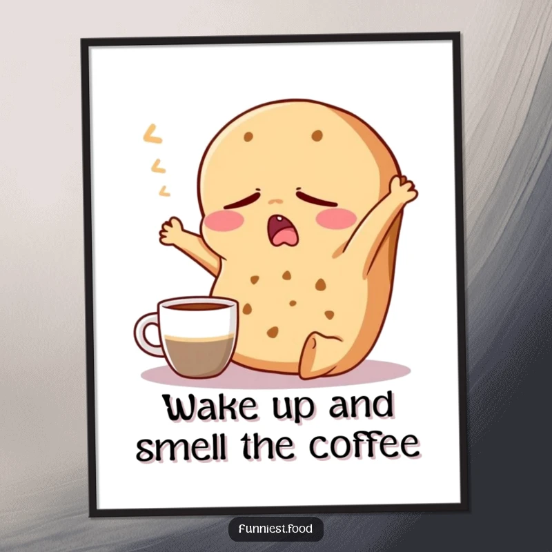 Funny Free Printable Wall Art: A very sleepy bagel yawns widely next to a steaming coffee cup, morning vibes.