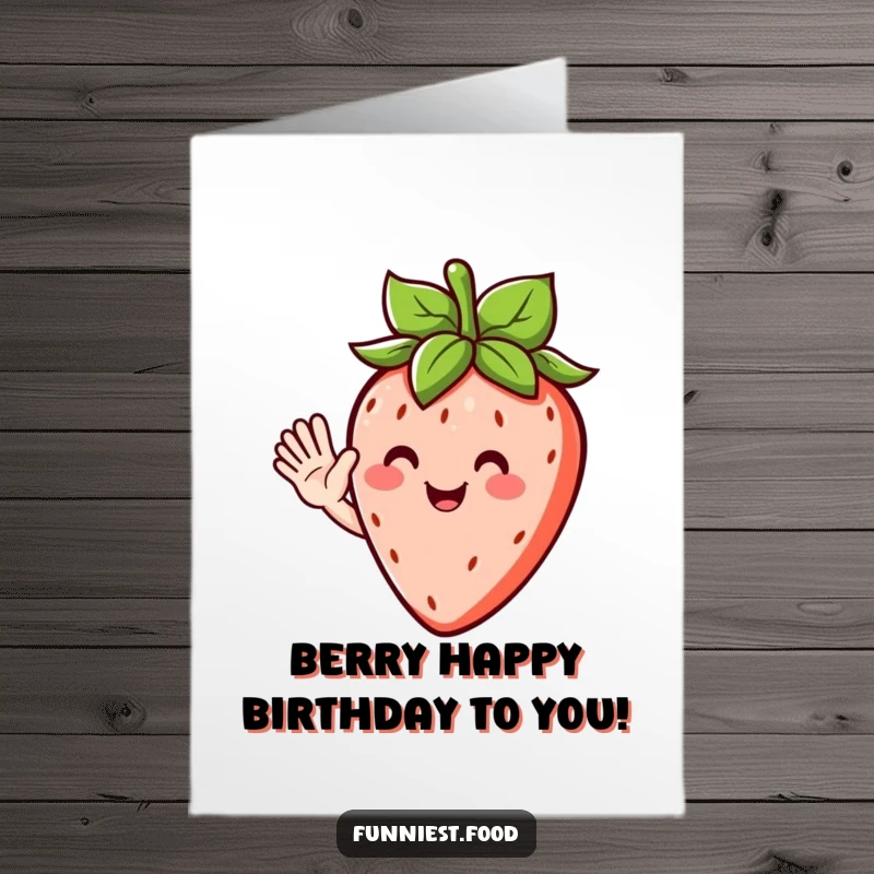 Funny Free Printable Birthday Card with a happy strawberry character waving cheerfully, its leafy hair adding to its charm.