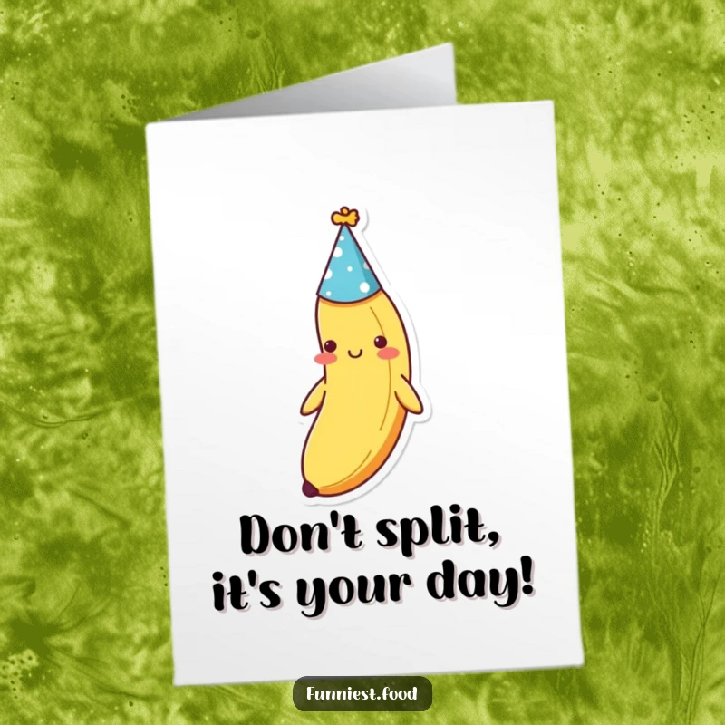 Funny Free Printable birthday card featuring a bashful banana wearing a small, colorful party hat.