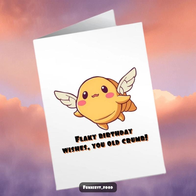 Funny Free Printable Birthday Card: Bewildered croissant with tiny wings trying to fly, looking confused and delightful.