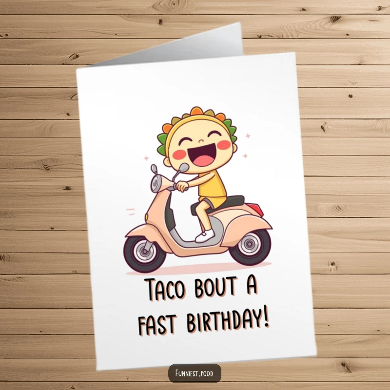 Funny Free Printable Birthday Card: A laughing taco zooms by on a scooter with comedic speed lines.