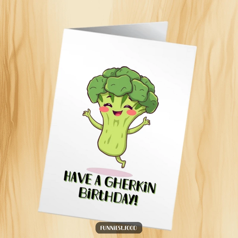 Funny Free Printable Birthday Card: Bouncing broccoli performing a silly jig with a big grin.