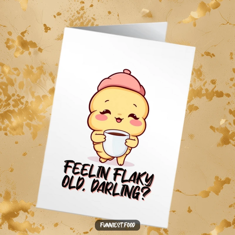 Funny Free Printable Birthday Card: A beret-wearing croissant sips coffee with joy, ready to party.