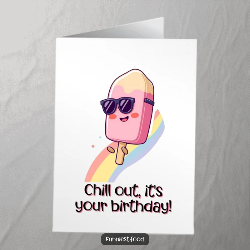 Funny Free Printable Birthday Card: Sunglasses popsicle happily slides down a vibrant rainbow, radiating cool birthday vibes.