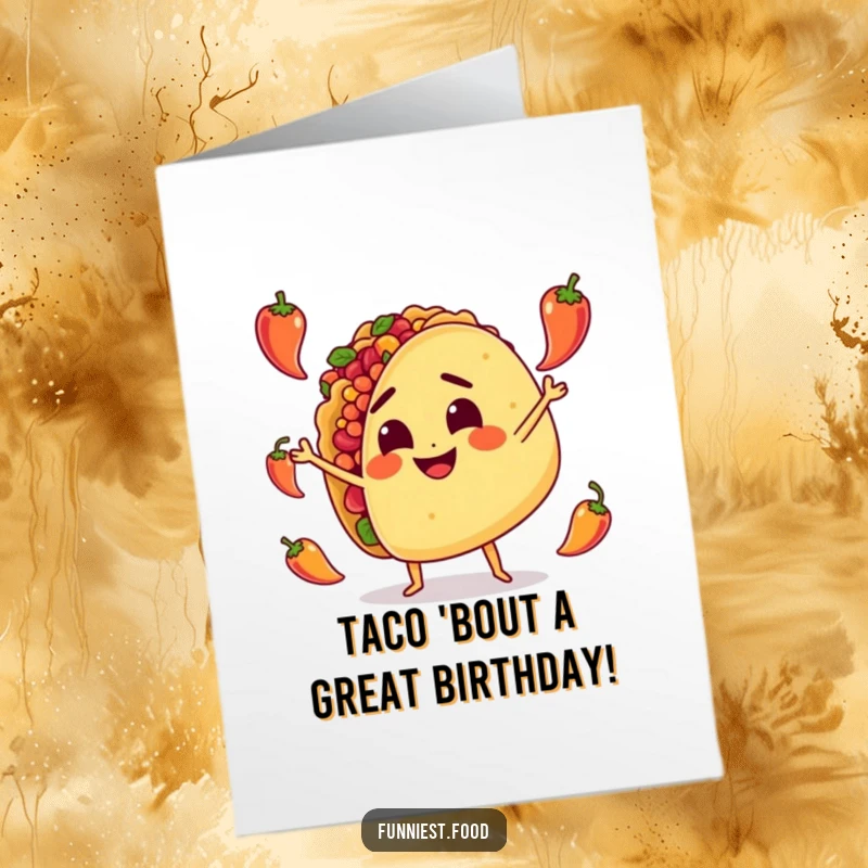 Funny Free Printable Birthday Card: A smiling taco character determinedly juggling tiny red peppers with a festive vibe.