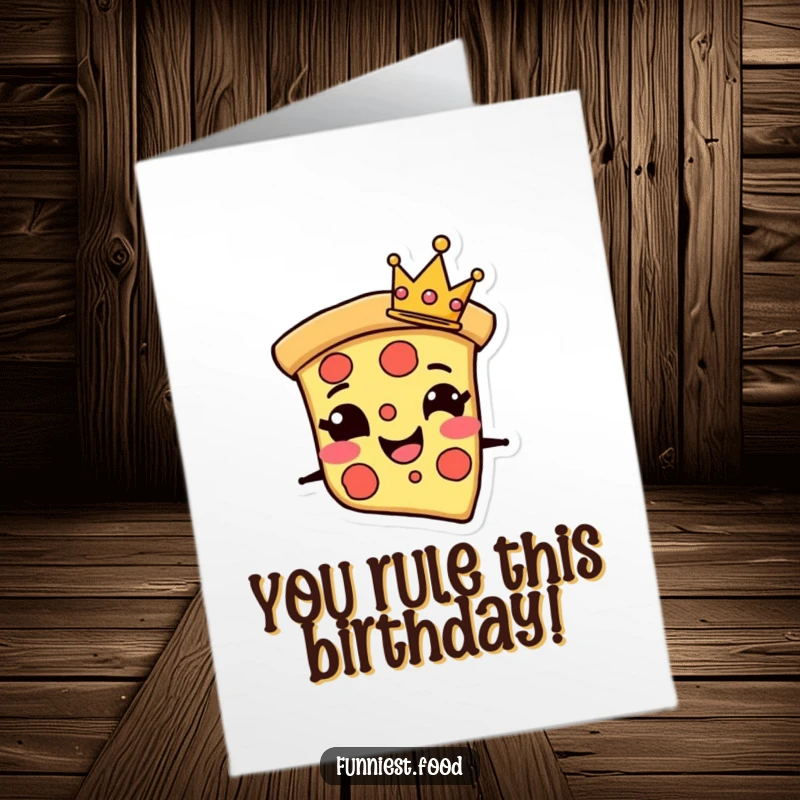 Funny Free Printable Birthday Card: A grinning pizza slice character wearing a tiny crown, celebrating a royal birthday.