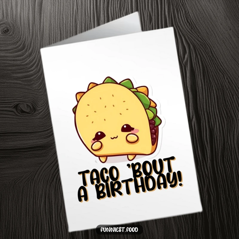 Funny Free Printable Birthday Card: Shy taco character peeking out from behind its own shadow, cute and bashful.