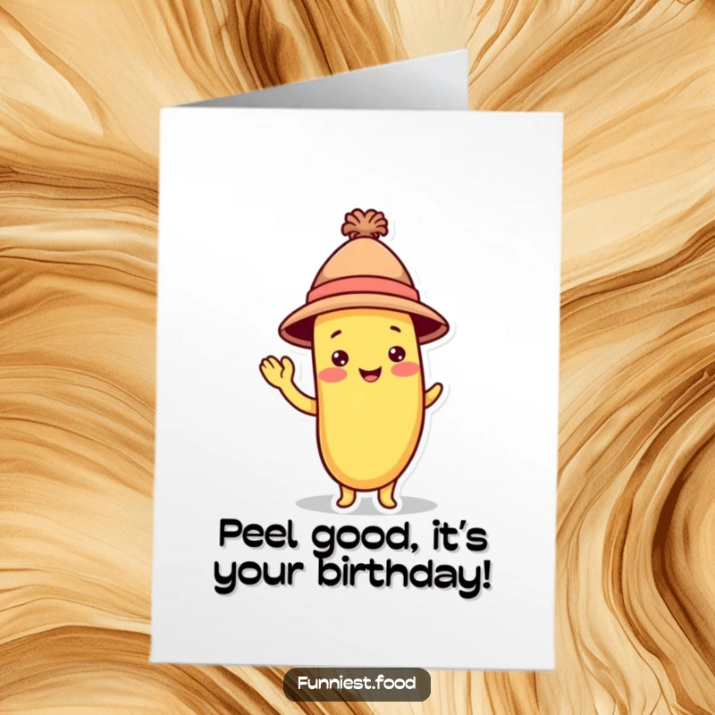 Funny Free Printable birthday card with a cheerful banana character sporting a small hat and waving a silly greeting.