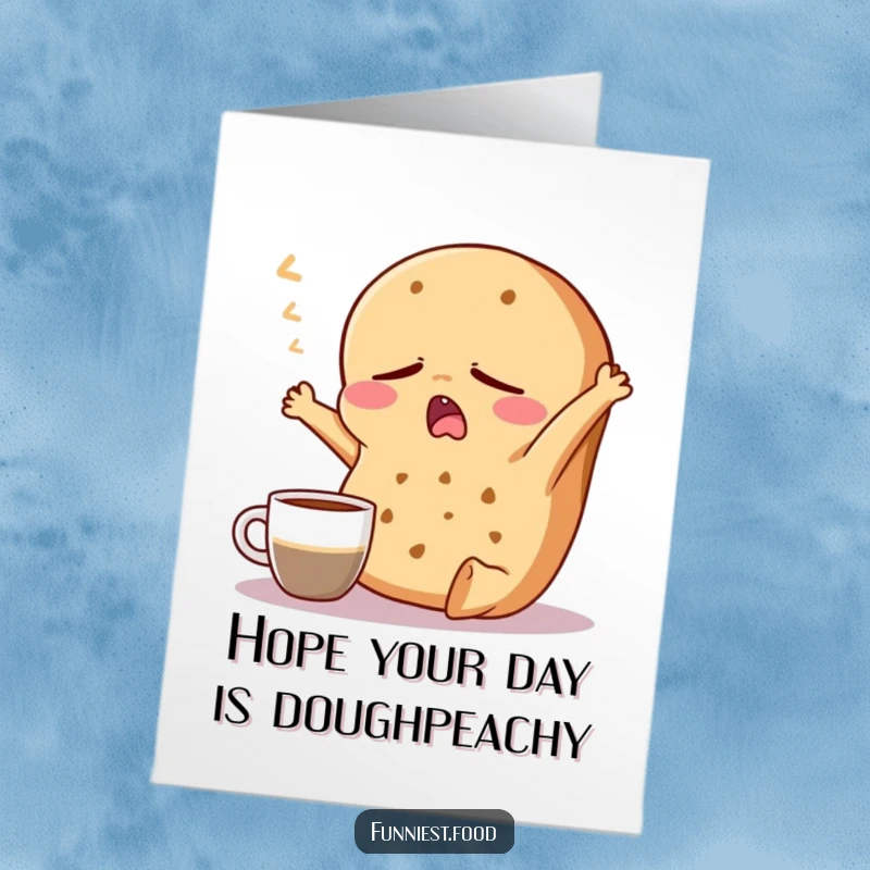 Funny Free Printable Birthday Card: A sleepy bagel yawns widely next to a coffee cup, morning struggle.