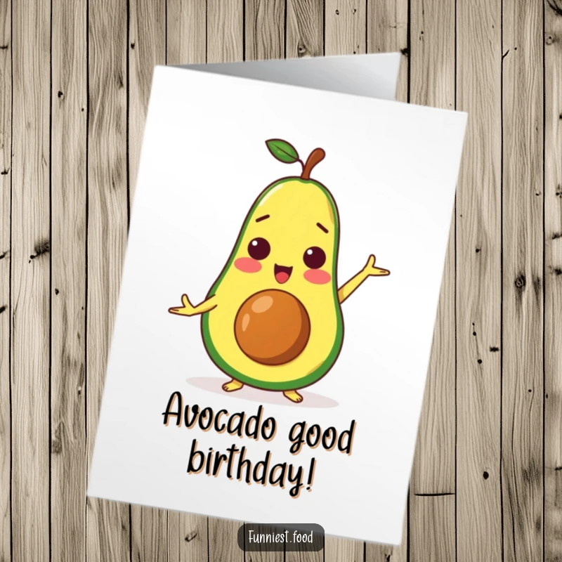 Funny Free Printable Birthday Card: Surprised avocado character holding a challenging yoga pose with wide eyes.