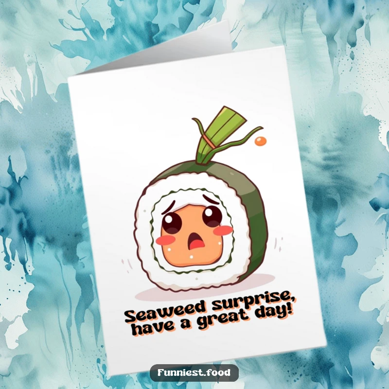 Funny Free Printable Birthday Card: A startled sushi roll dodges flying seaweed, a hilarious downloadable greeting.