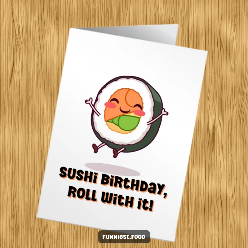 Funny free printable birthday card showing a smiling sushi roll character with tiny legs doing a cartwheel.