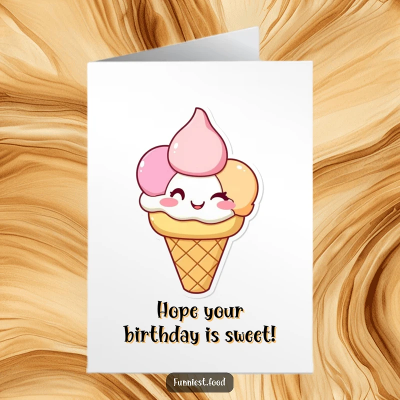 Funny Free Printable birthday card with a happy three-scoop ice cream cone character, all scoops winking playfully.