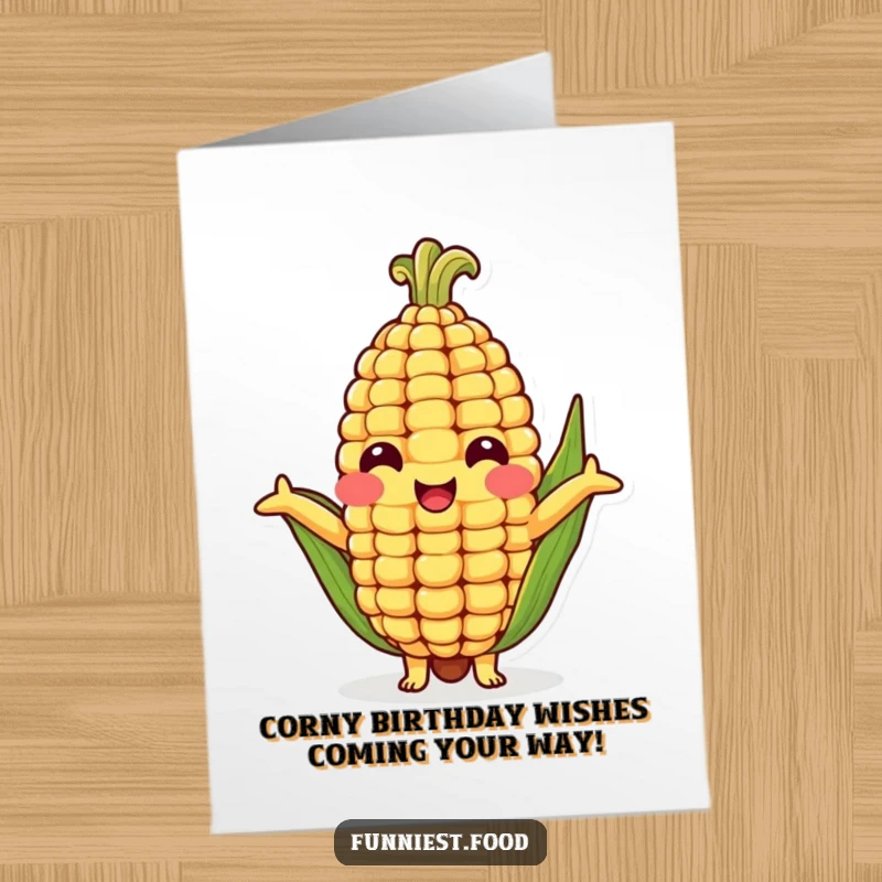Funny Free Printable Birthday Card featuring a cheerful corn cob character offering a big, warm hug, ready to celebrate.