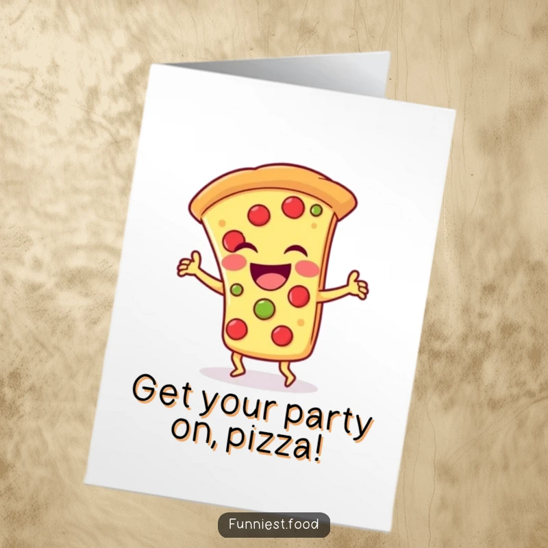 Funny free printable birthday card featuring a laughing pizza slice character doing a hilarious, silly dance, spreading birthday cheer.