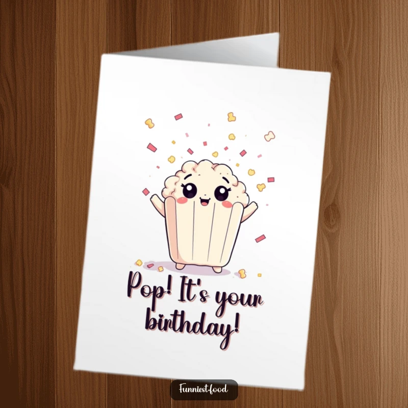 Funny Free Printable Birthday Card: A playful piece of popcorn with wide eyes joyfully throwing confetti for a birthday party.