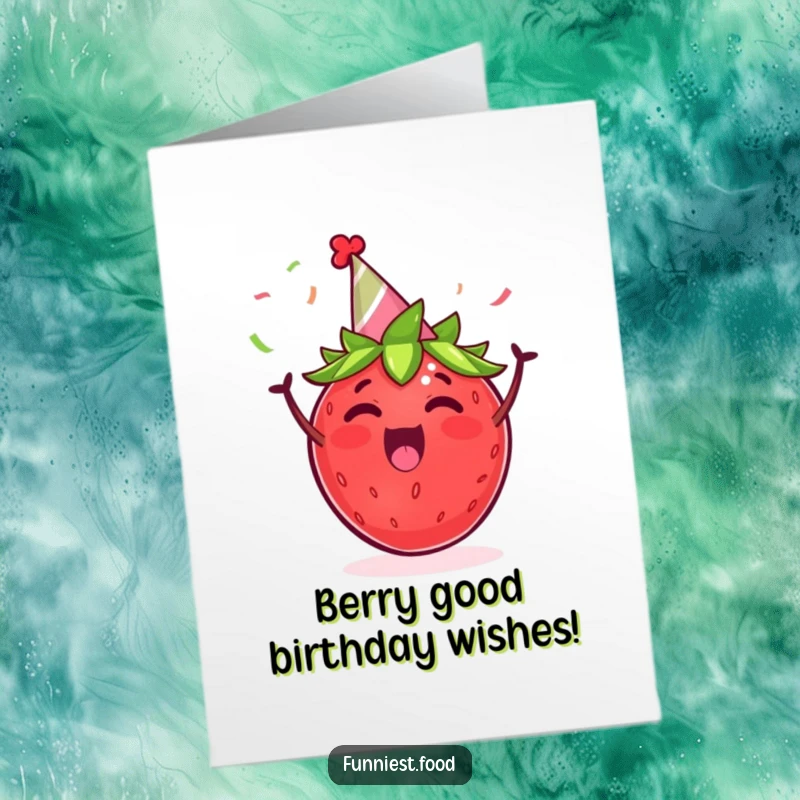 Funny Free Printable Birthday Card: Excited strawberry in a party hat, cheering with streamers, a delightful downloadable treat.