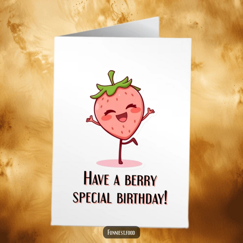 Funny free printable birthday card of a grinning strawberry winking while balancing precariously on one leg.