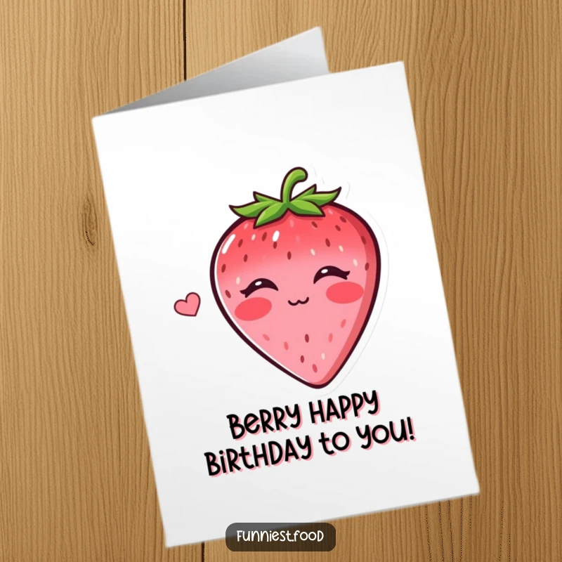 Funny free printable birthday card with a cheerful strawberry character blowing a kiss, designed for a sweet and lighthearted celebration.