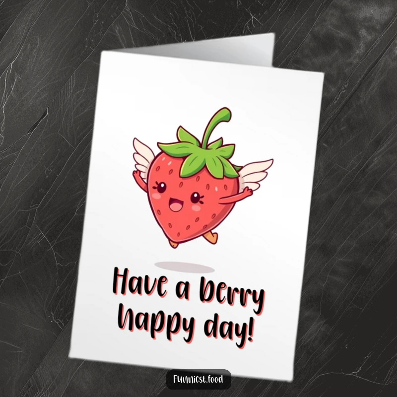 Funny Free Printable jumping strawberry with tiny wings flying joyfully on a birthday card.