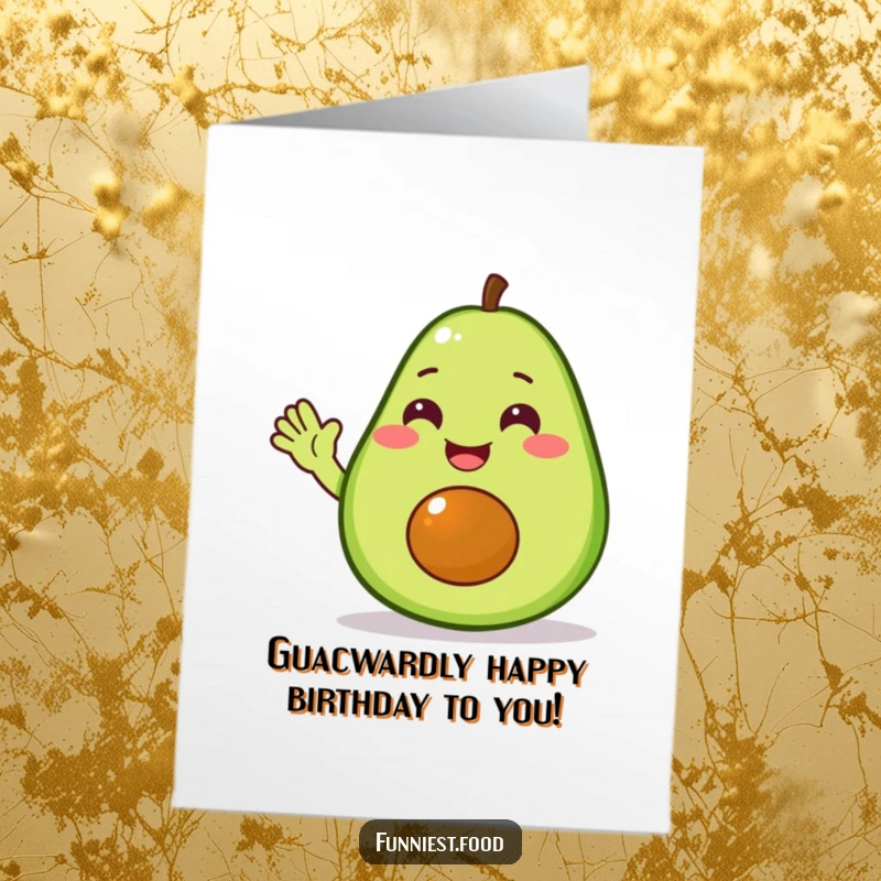 Funny Free Printable Birthday Card featuring a delighted avocado character giving a friendly, cheerful wave.