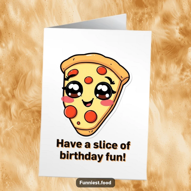 Funny Free Printable Birthday Card: A slice of pizza with pepperoni eyes giggling uncontrollably, full of birthday cheer.