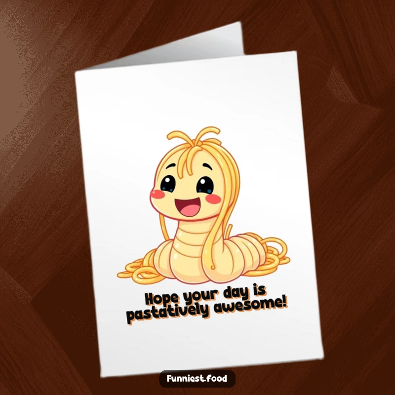 Funny Free Printable Birthday Card: A smiling worm made entirely of spaghetti, looking joyful and ready to party.