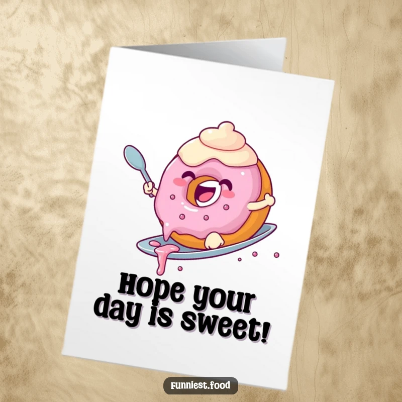 Funny Free Printable Birthday Card: Joyful donut with dripping frosting, happily surfing on a spoon.