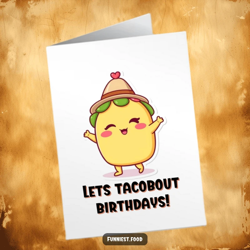 Funny Free Printable Birthday Card: A winking taco wearing a tiny hat, dancing enthusiastically.