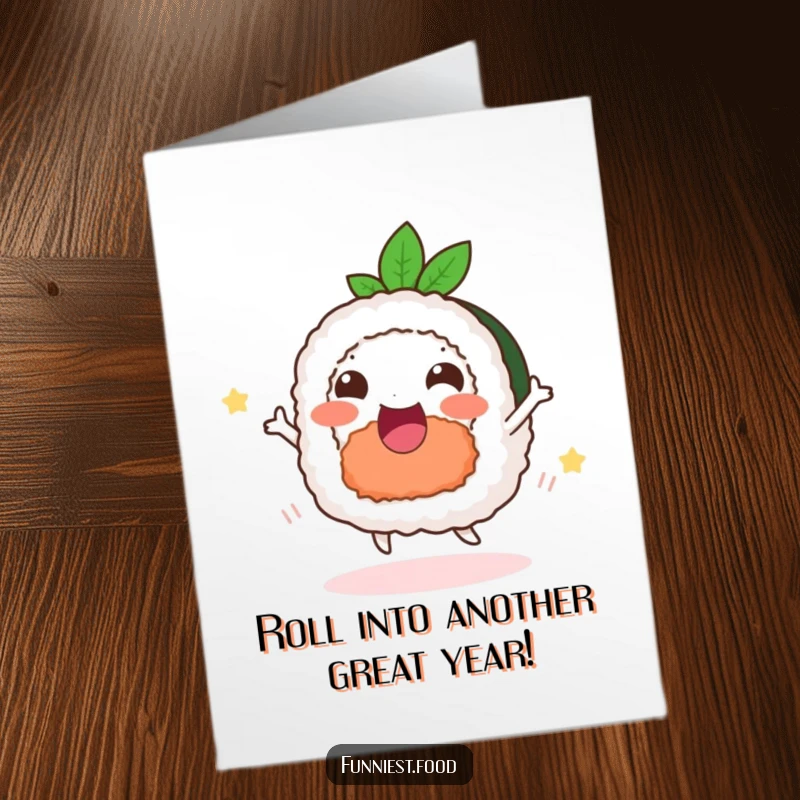 Funny Free Printable Birthday Card: A delighted sushi roll with legs dancing joyfully, celebrating a birthday with sprinkles.
