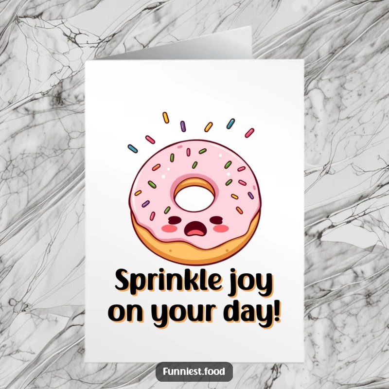 Funny free printable birthday card featuring a bewildered donut with sprinkles unexpectedly raining down, looking comically overwhelmed.