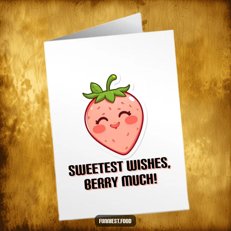 Funny Free Printable Birthday Card: Adorable strawberry character puckering its lips to blow a kiss with a cheerful expression.