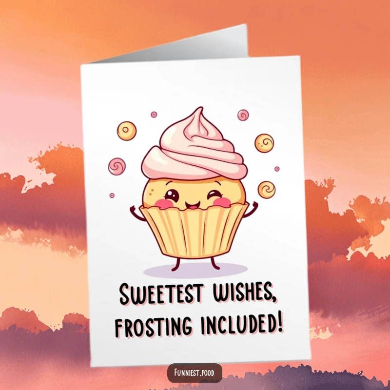 Funny Free Printable Birthday Card: A jolly cupcake playfully juggling tiny frosting swirls with a smile, perfect for any celebration.