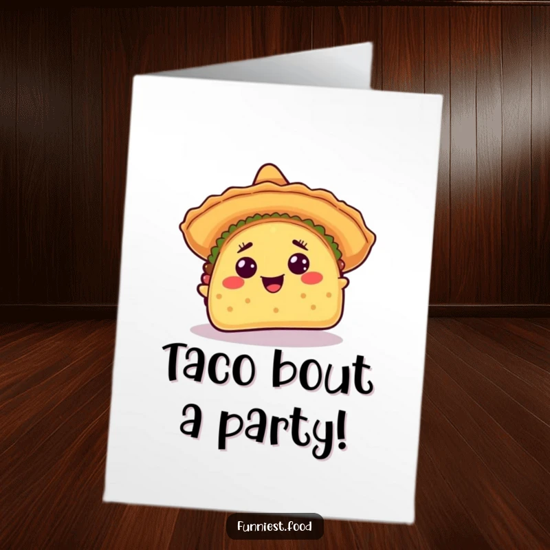 Funny free printable birthday card featuring an overjoyed taco wearing a tipping sombrero, radiating pure fiesta excitement.