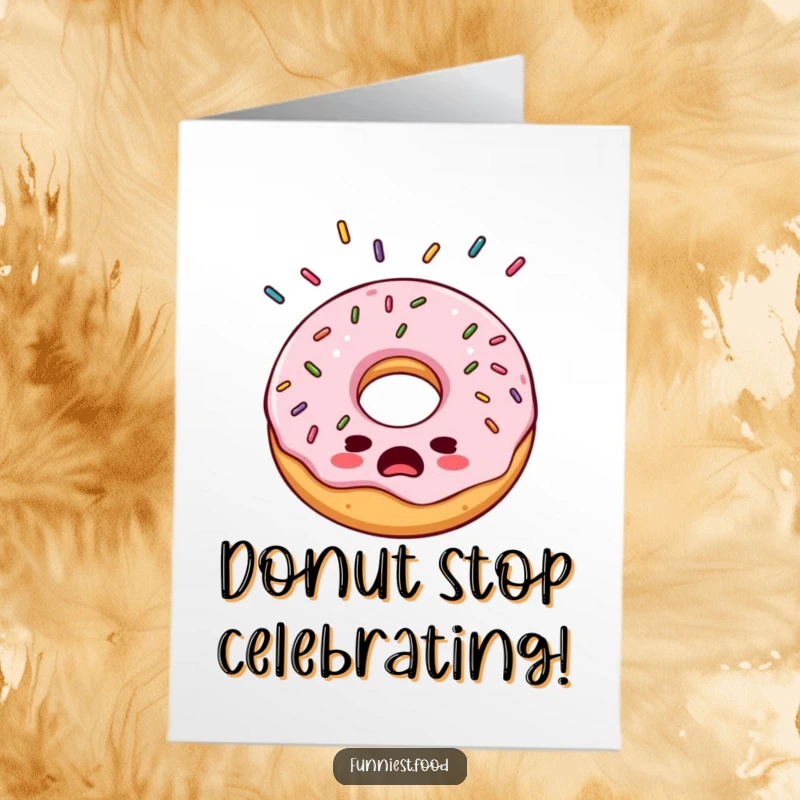 Funny free printable congratulations card with a bewildered donut enduring a rain of sprinkles, conveying surprise and celebration.