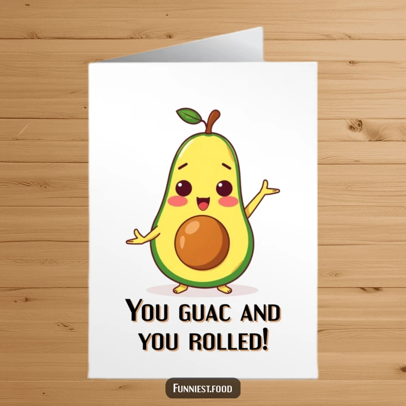 Funny Free Printable Congratulations Card: Surprised avocado character holding a challenging yoga pose, celebrating an achievement.
