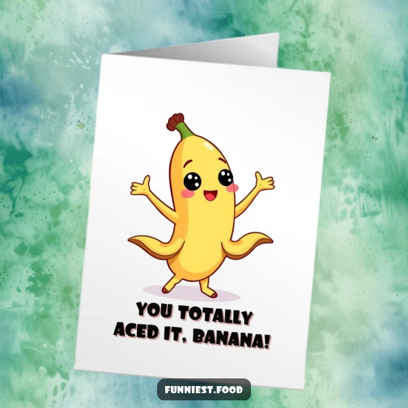 Funny free printable congratulations card of a banana character dancing with peel legs out, perfect for a downloadable art print.