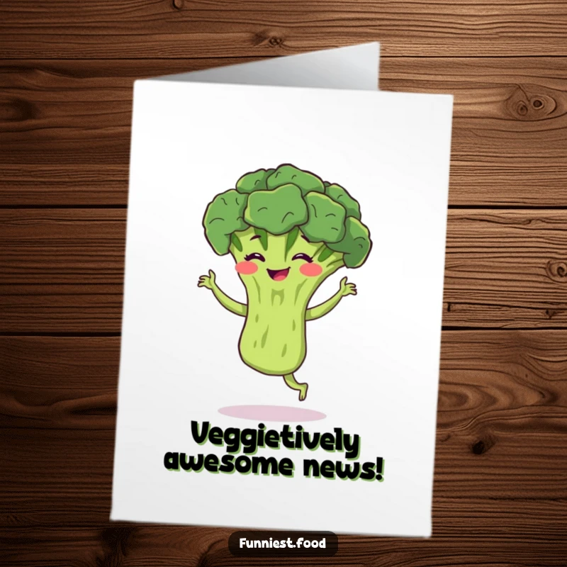 Funny Free Printable Congrats Card: Bouncing broccoli doing a silly jig, grinning with joy.
