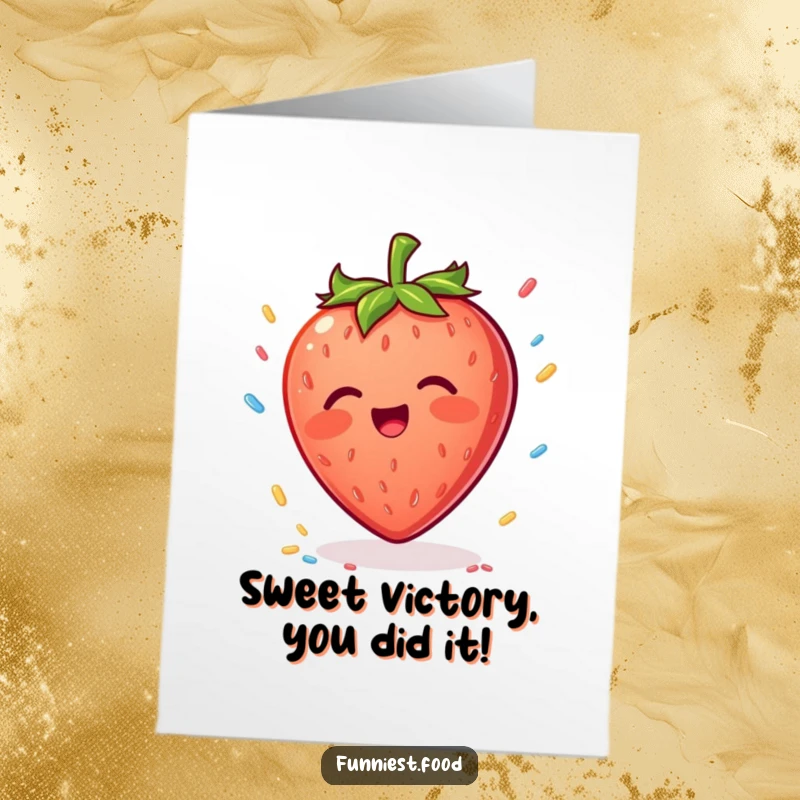 Funny Free Printable Congrats Card: A cheerful strawberry catches falling sprinkles, symbolizing a fun celebration.
