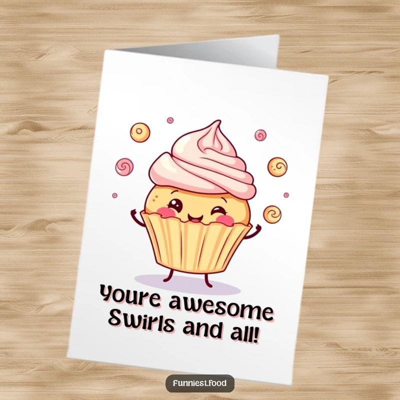 Funny Free Printable Congratulations Card: A jovial cupcake masterfully juggling frosting swirls, celebrating an awesome achievement.