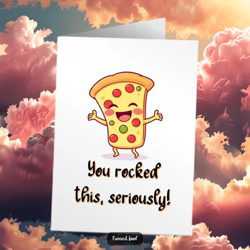 Funny free printable congratulations card showing a laughing pizza slice character doing a wacky, silly dance to celebrate.