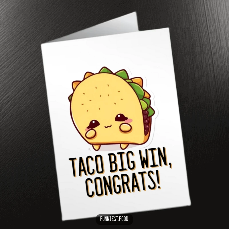 Funny Free Printable Congratulations Card: Shy taco character peeking from its shadow, celebrating success with quiet charm.