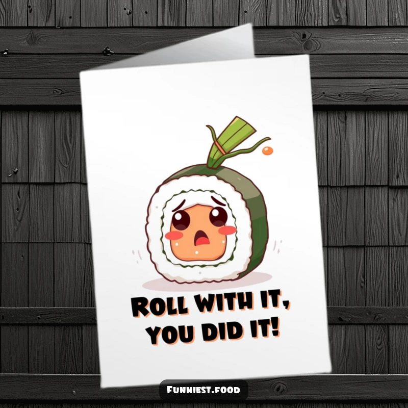 Funny Free Printable Congrats Card: A sushi roll is comically startled by a rogue piece of seaweed, a unique greeting.