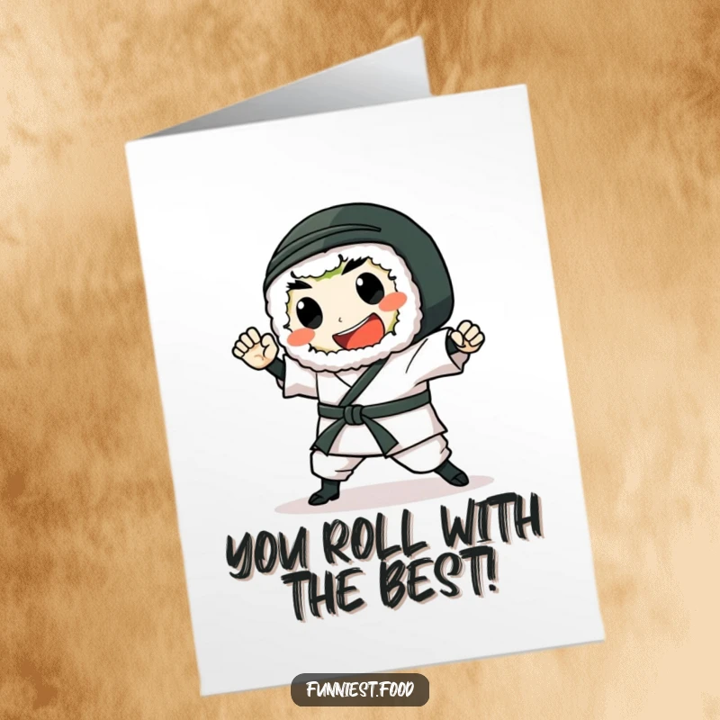 Funny Free Printable Congrats Card: A gleeful sushi roll executes a sharp karate chop celebrating a win.