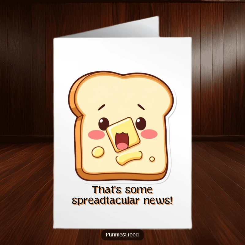 Funny Free Printable Congratulations Card: Shocked toast reacting as the butter magically spreads itself, celebrating success.