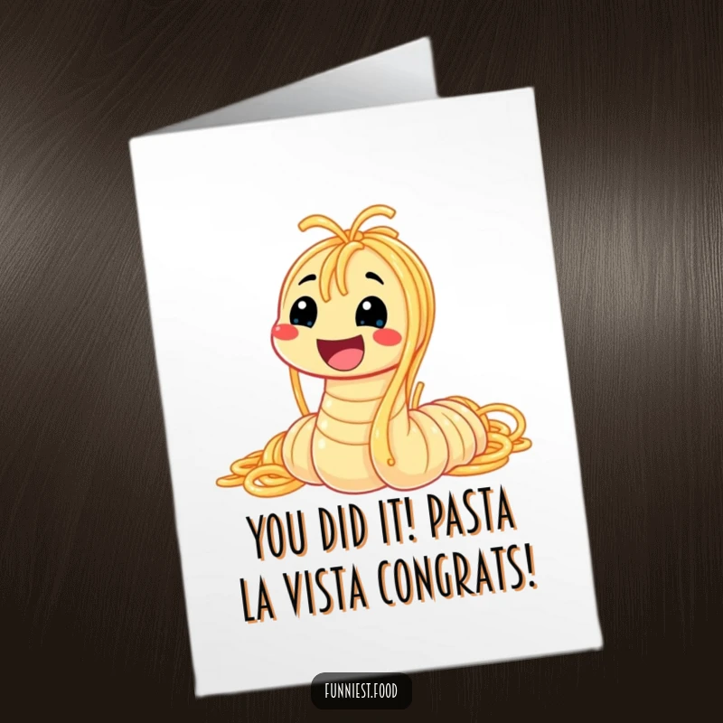 Funny Free Printable Congratulations Card: A delightful worm composed of spaghetti beaming with a huge, happy smile.