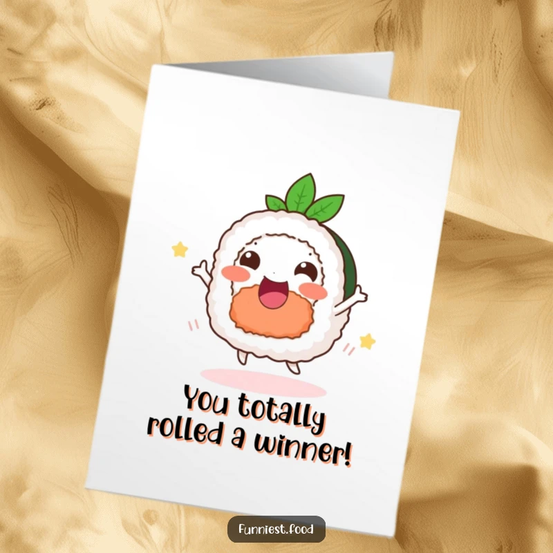 Funny Free Printable Congratulations Card: A delighted sushi roll performing a happy dance, celebrating good news with flair.