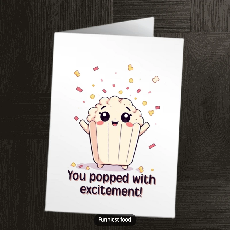 Funny Free Printable Congratulations Card: A piece of popcorn with simple eyes tossing confetti, cheering for a victory.